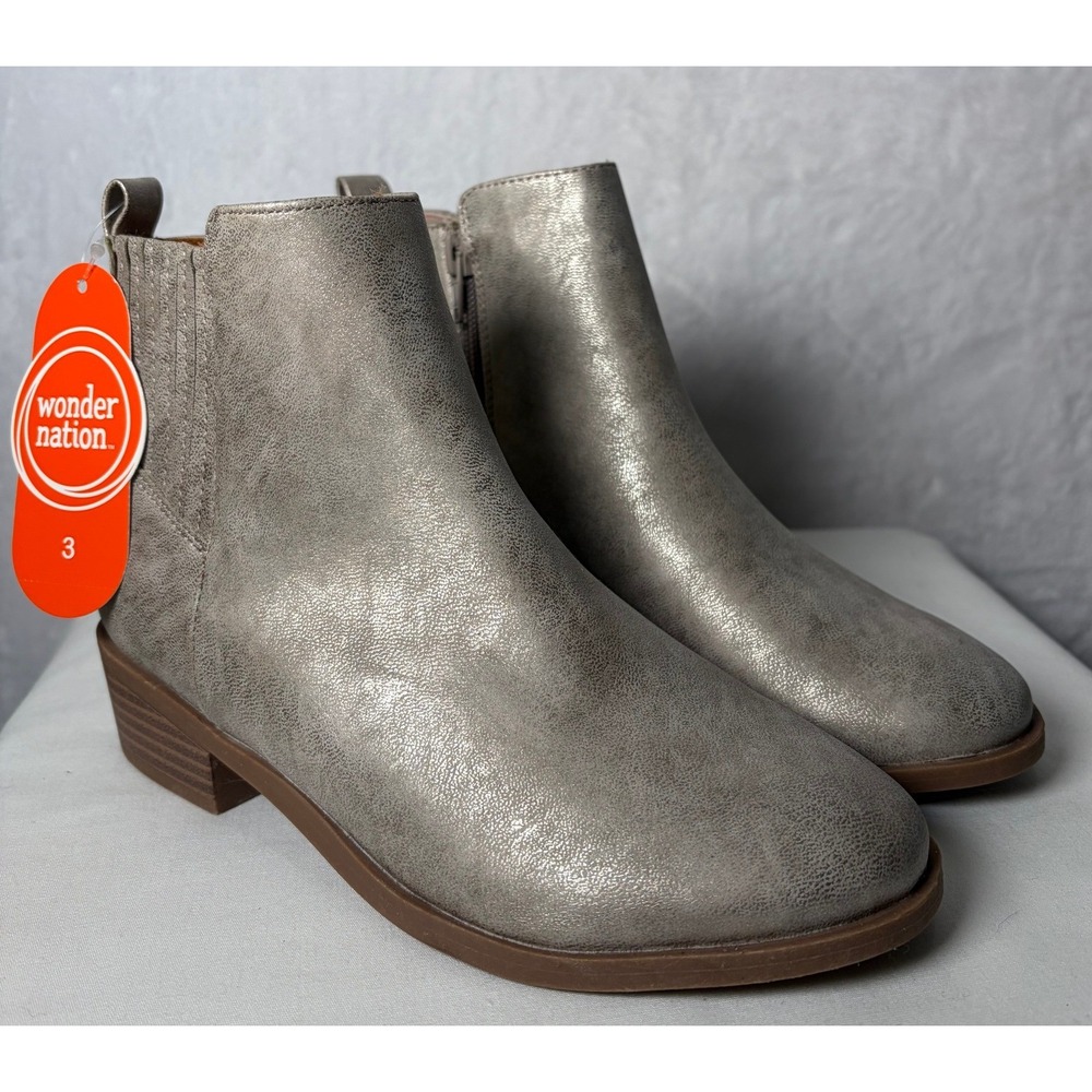 Wonder Nation Girls Taupe Metallic Chelsea Boots Size 3 Side Zip Ankle Bootie